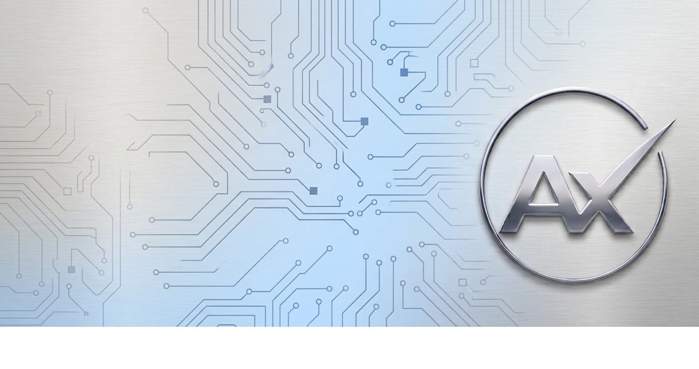 Isotipo AX metálico sobre una trama tecnológica azul y plata