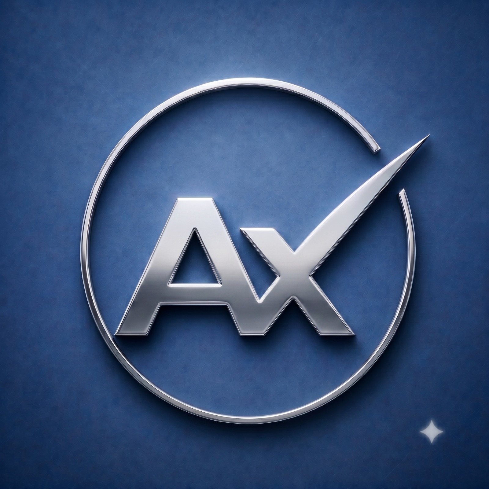 Isotipo AX metálico de Axiomatic sobre fondo azul profundo
